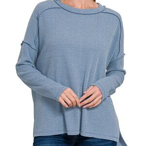Zenana Ribbed Drop Shoulder Round Neck Sweater